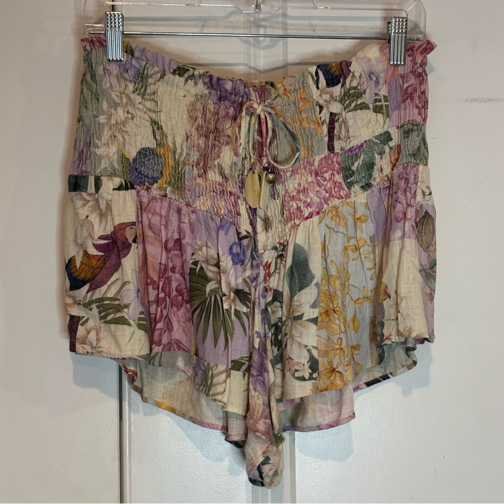 Zara Tropical Floral High Smocked Elastic Waist Beaded Drawstring Shorts S